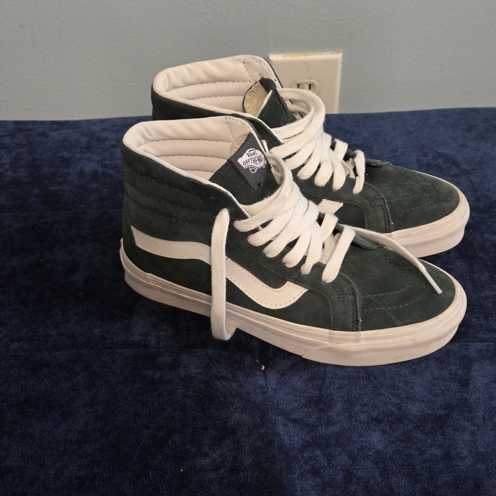 Vans Sk8-Hi Suede High Top Sneakers in Dark Green & White